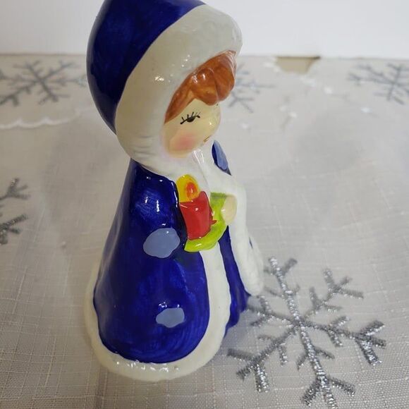 Vintage Christmas Mini Blue Ceramic Red Head Girl with Candle Figurine 4" - Picture 4 of 7